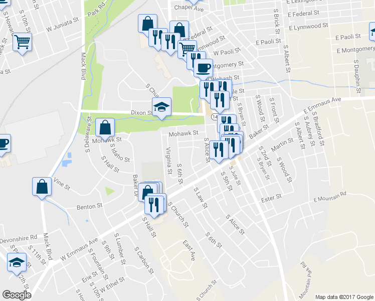 map of restaurants, bars, coffee shops, grocery stores, and more near 554 Barner Street in Allentown
