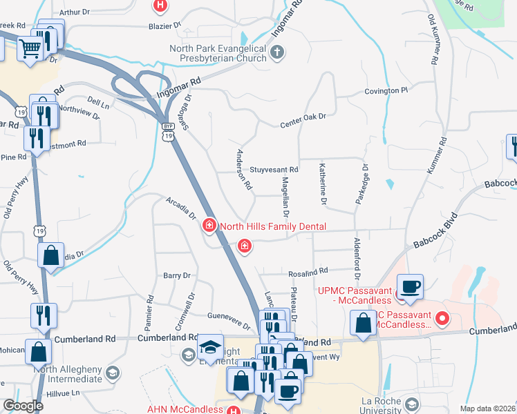 map of restaurants, bars, coffee shops, grocery stores, and more near 9452 Anderson Road in Pittsburgh