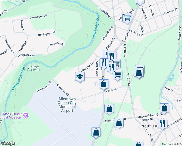 map of restaurants, bars, coffee shops, grocery stores, and more near 1534 Liberator Avenue in Allentown