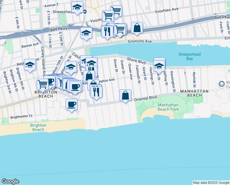 map of restaurants, bars, coffee shops, grocery stores, and more near 165 Coleridge Street in Brooklyn