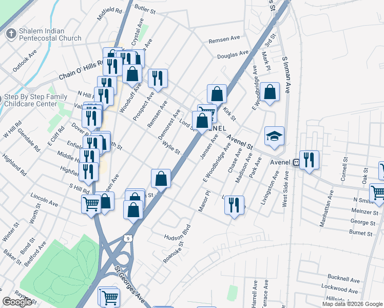 map of restaurants, bars, coffee shops, grocery stores, and more near 958 U.S. 1 in Woodbridge Township