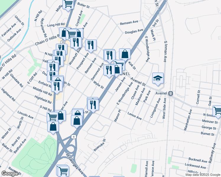 map of restaurants, bars, coffee shops, grocery stores, and more near 521 Jansen Avenue in Woodbridge Township