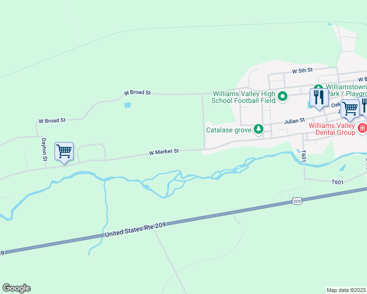 map of restaurants, bars, coffee shops, grocery stores, and more near 65 West Market Street in Williamstown