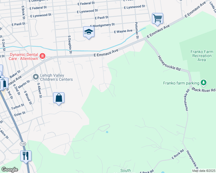 map of restaurants, bars, coffee shops, grocery stores, and more near 2420 South Filbert Street in Allentown