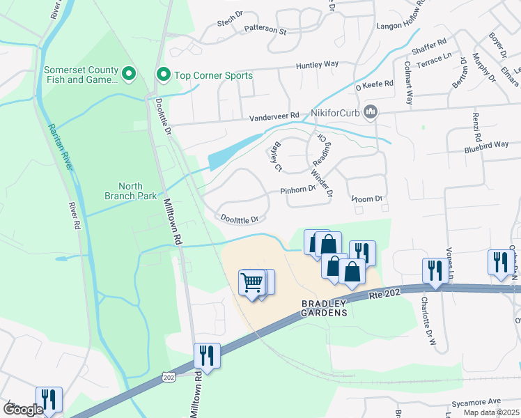 map of restaurants, bars, coffee shops, grocery stores, and more near 2407 Doolittle Drive in Bridgewater