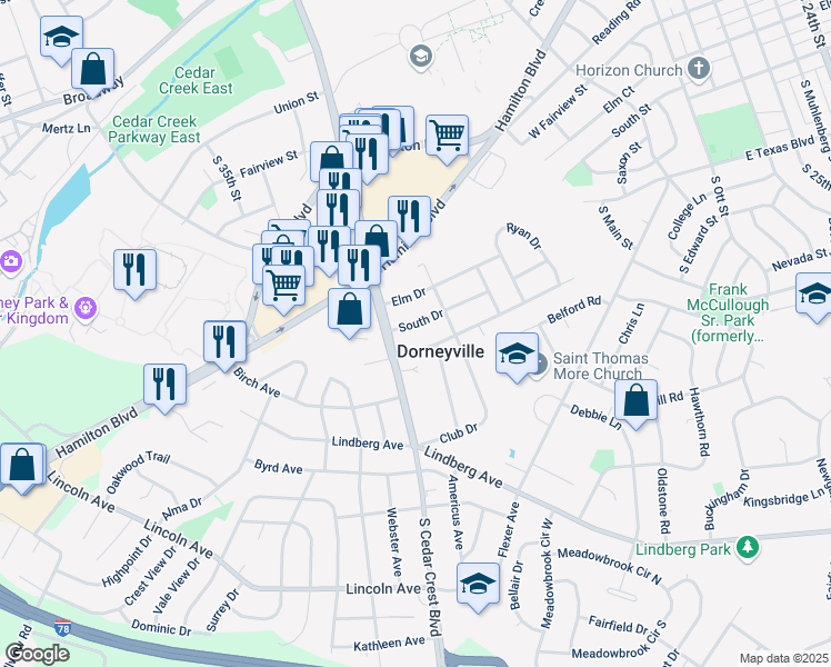 map of restaurants, bars, coffee shops, grocery stores, and more near 3156 South Drive in Allentown