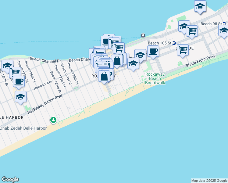 map of restaurants, bars, coffee shops, grocery stores, and more near 11502 Ocean Promenade Belle Harbor in Queens