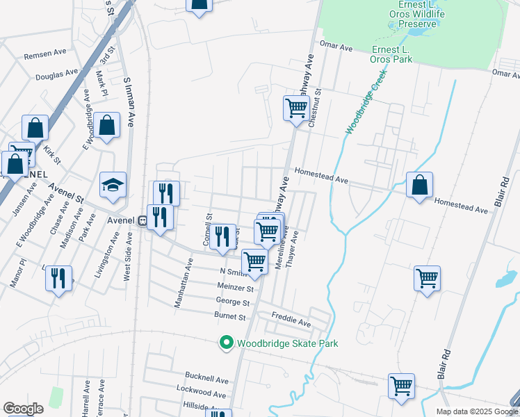 map of restaurants, bars, coffee shops, grocery stores, and more near 1067 Rahway Avenue in Woodbridge Township