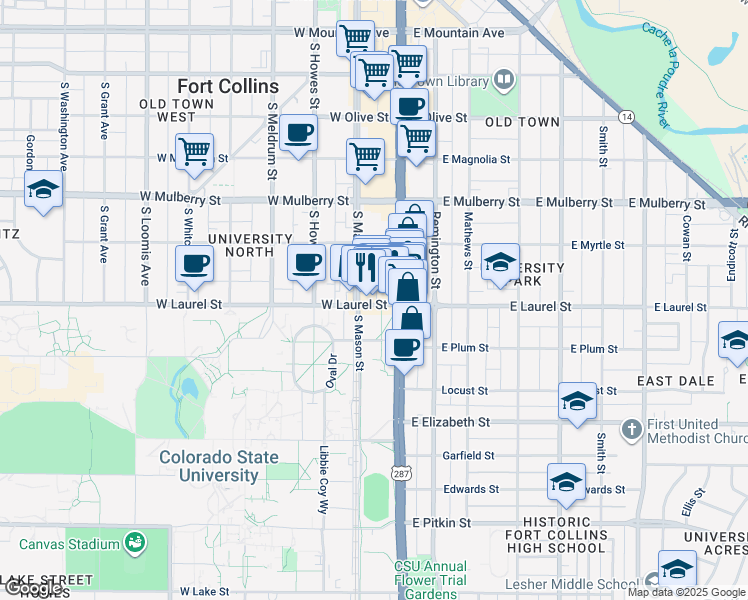 map of restaurants, bars, coffee shops, grocery stores, and more near 120 West Laurel Street in Fort Collins