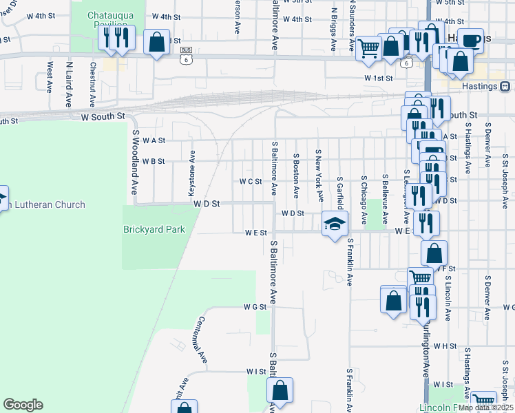 map of restaurants, bars, coffee shops, grocery stores, and more near 601 South Sewell Avenue in Hastings