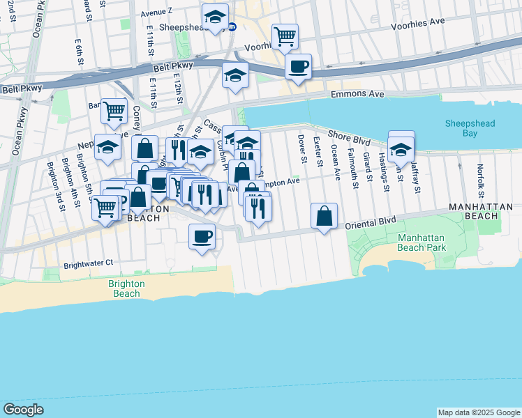 map of restaurants, bars, coffee shops, grocery stores, and more near 153 West End Avenue in Brooklyn