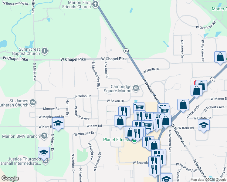 map of restaurants, bars, coffee shops, grocery stores, and more near 1406 Fox Run Drive in Marion