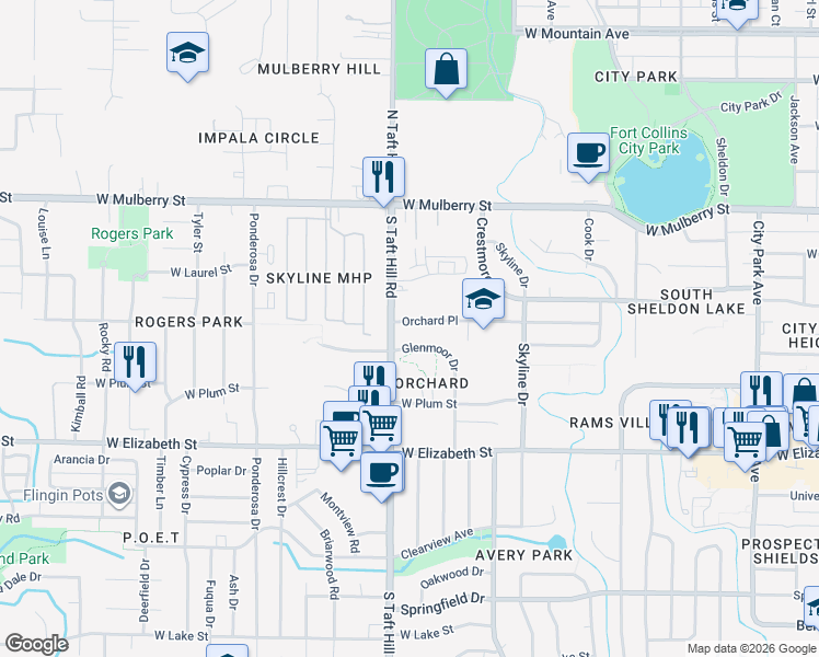 map of restaurants, bars, coffee shops, grocery stores, and more near 2048 Glenmoor Drive in Fort Collins