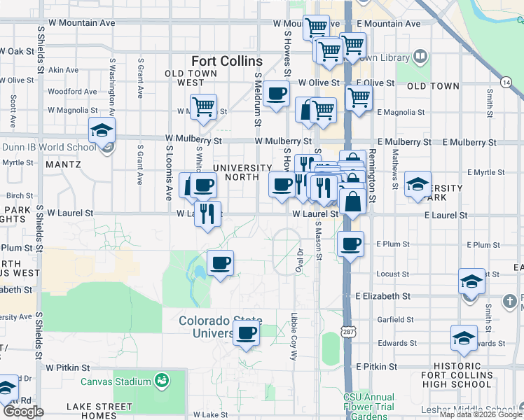 map of restaurants, bars, coffee shops, grocery stores, and more near 328 West Laurel Street in Fort Collins