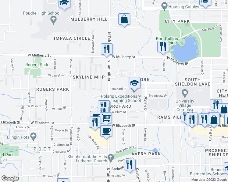 map of restaurants, bars, coffee shops, grocery stores, and more near 2048 Glenmoor Drive in Fort Collins