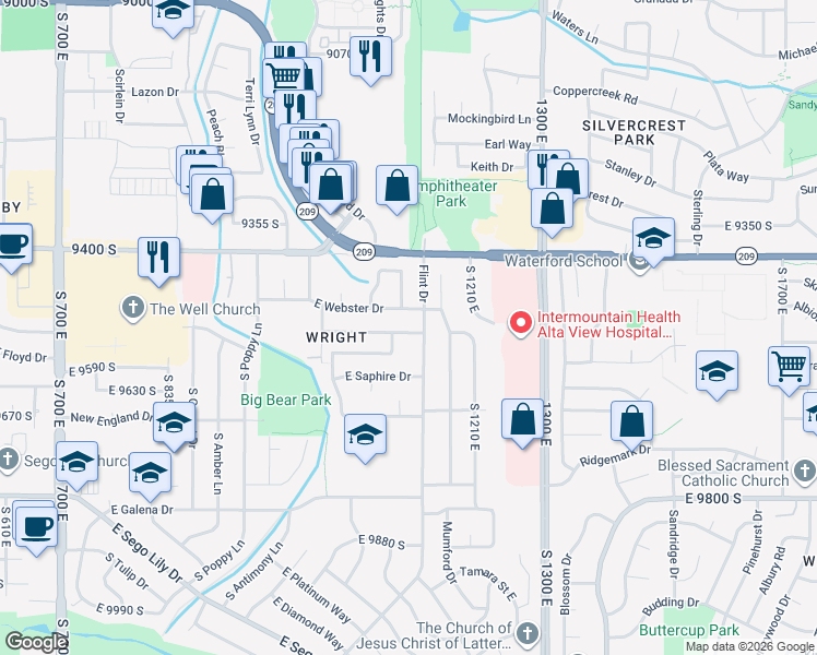 map of restaurants, bars, coffee shops, grocery stores, and more near 1142 East Wright Way in Sandy