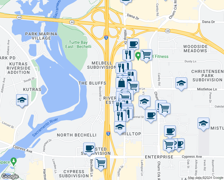 map of restaurants, bars, coffee shops, grocery stores, and more near 605 Iris Drive in Redding