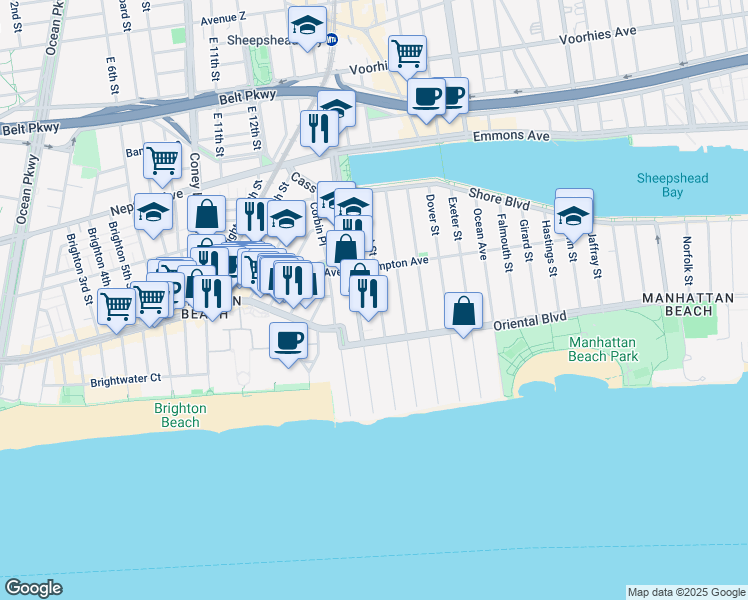 map of restaurants, bars, coffee shops, grocery stores, and more near 153 West End Avenue in Brooklyn
