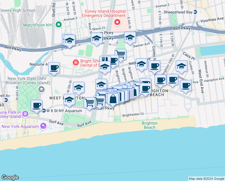 map of restaurants, bars, coffee shops, grocery stores, and more near 20 Brighton 1st Walk in Brooklyn
