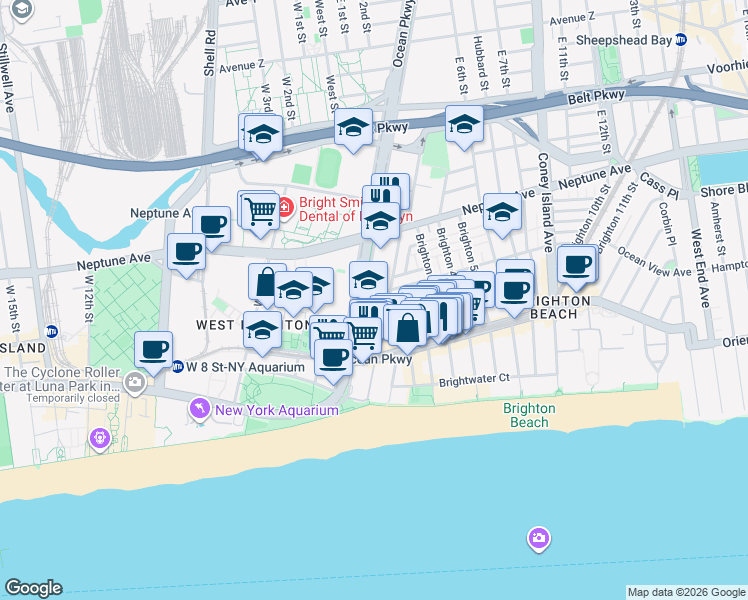 map of restaurants, bars, coffee shops, grocery stores, and more near Ocean Parkway in Brooklyn