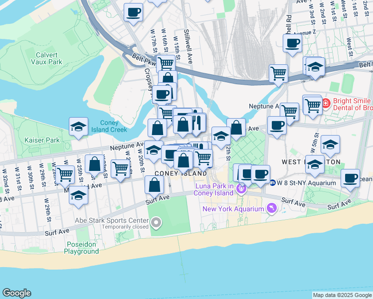 map of restaurants, bars, coffee shops, grocery stores, and more near 2844 West 15th Street in Brooklyn