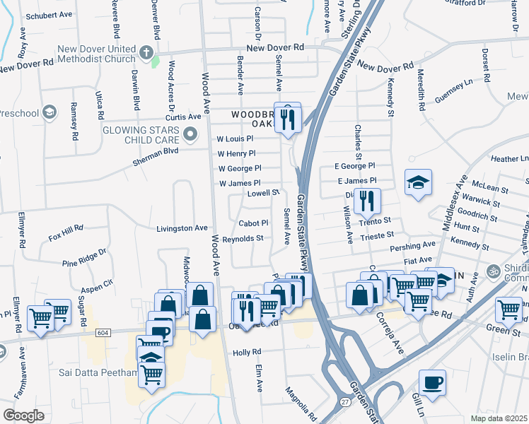 map of restaurants, bars, coffee shops, grocery stores, and more near 20 Cabot Place in Woodbridge Township