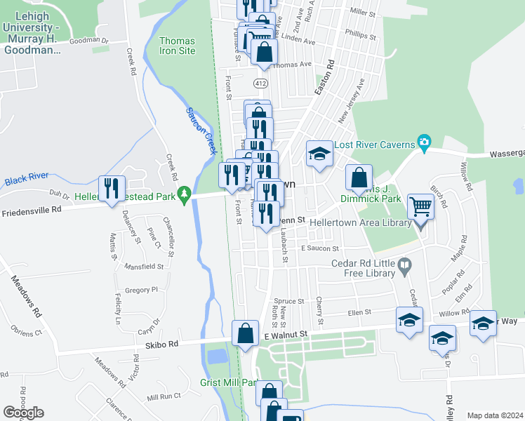 map of restaurants, bars, coffee shops, grocery stores, and more near 605 Main Street in Hellertown
