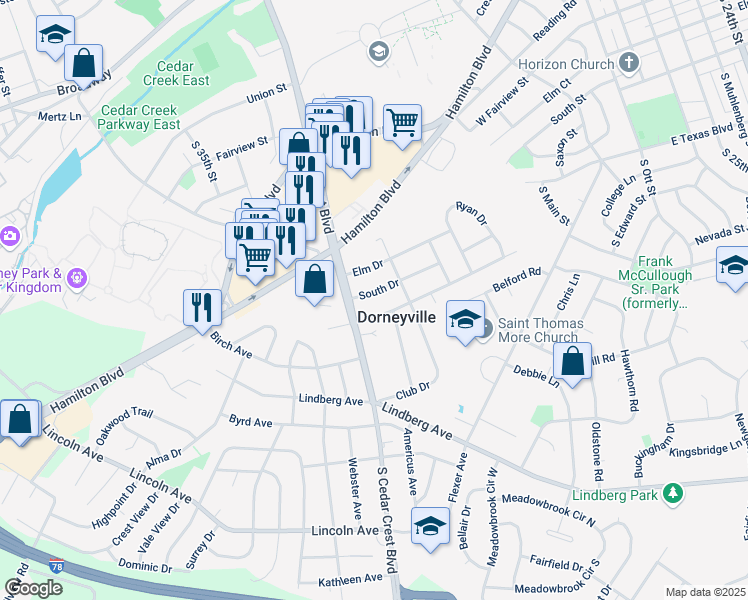 map of restaurants, bars, coffee shops, grocery stores, and more near 3156 South Drive in Allentown