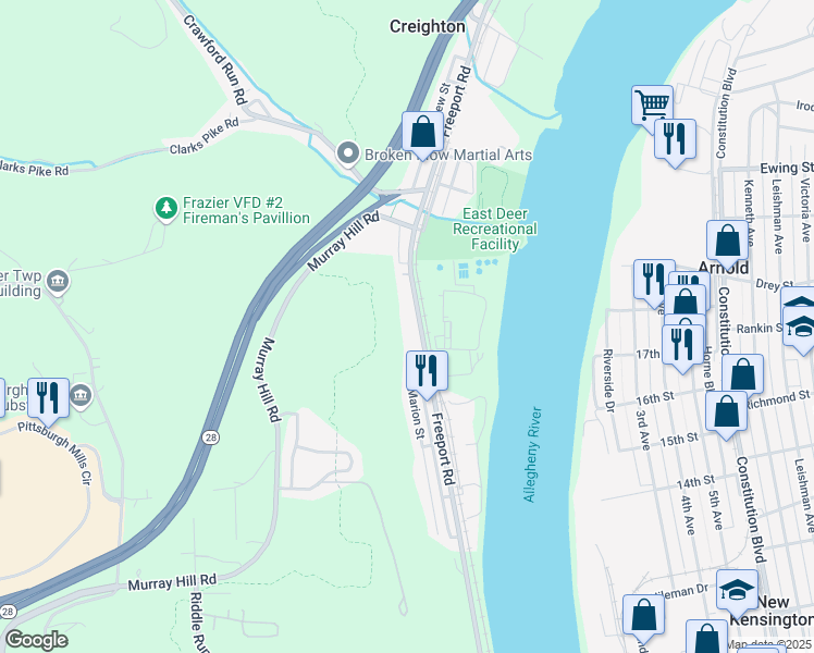 map of restaurants, bars, coffee shops, grocery stores, and more near 703 Freeport Road in Creighton