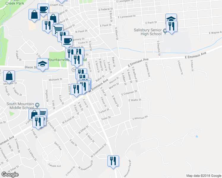 map of restaurants, bars, coffee shops, grocery stores, and more near 2021 South Wood Street in Allentown