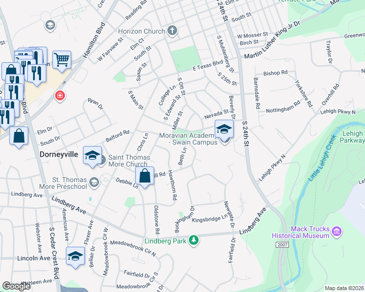 map of restaurants, bars, coffee shops, grocery stores, and more near 922 Beth Lane in Allentown