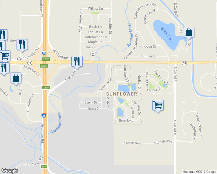 map of restaurants, bars, coffee shops, grocery stores, and more near 784 Vitala Drive in Fort Collins