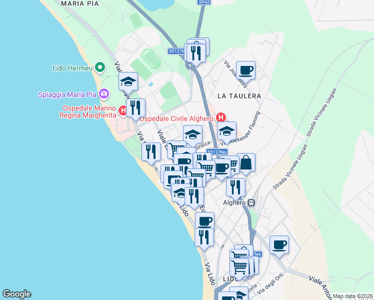 map of restaurants, bars, coffee shops, grocery stores, and more near 9 Via Corsica in Alghero