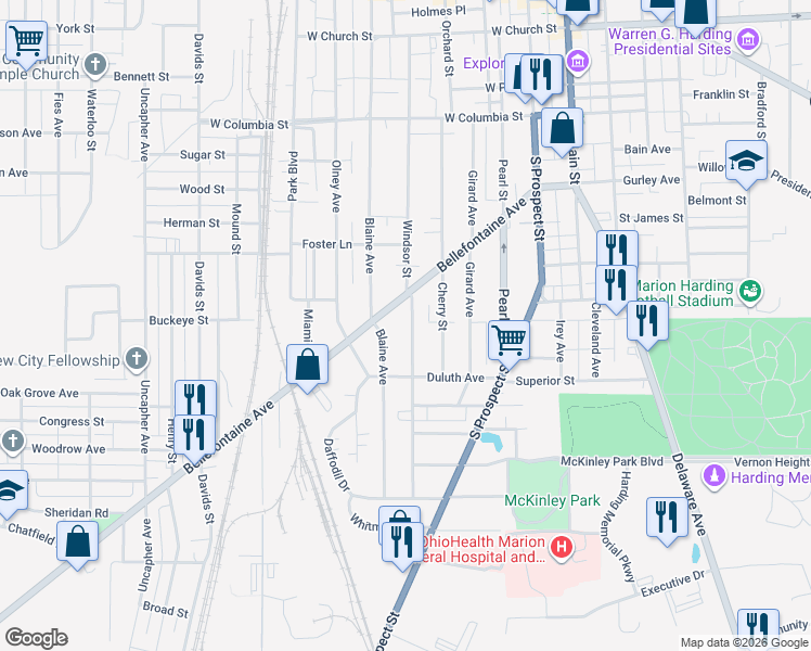 map of restaurants, bars, coffee shops, grocery stores, and more near 610 Windsor Street in Marion