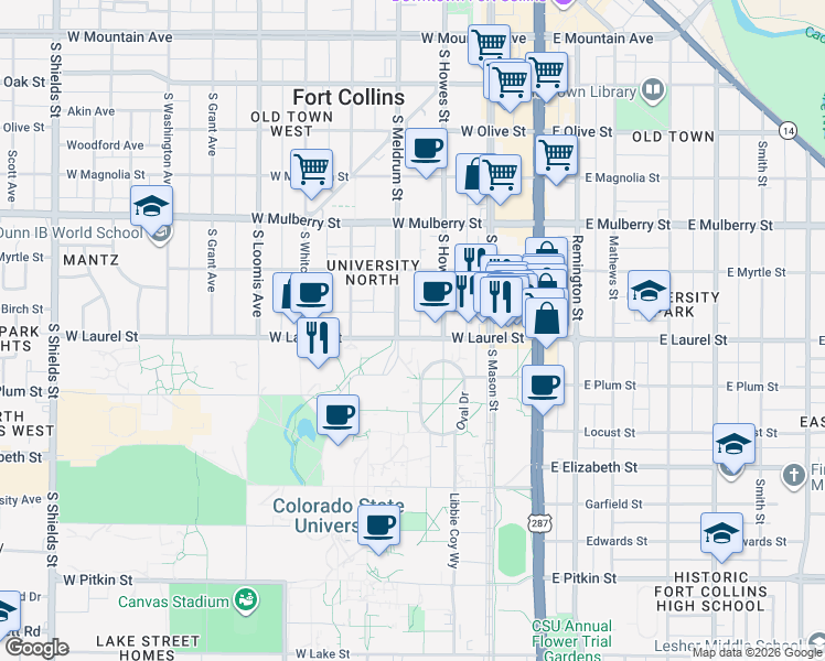 map of restaurants, bars, coffee shops, grocery stores, and more near 328 West Laurel Street in Fort Collins