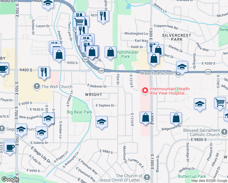 map of restaurants, bars, coffee shops, grocery stores, and more near 1142 East Wright Way in Sandy