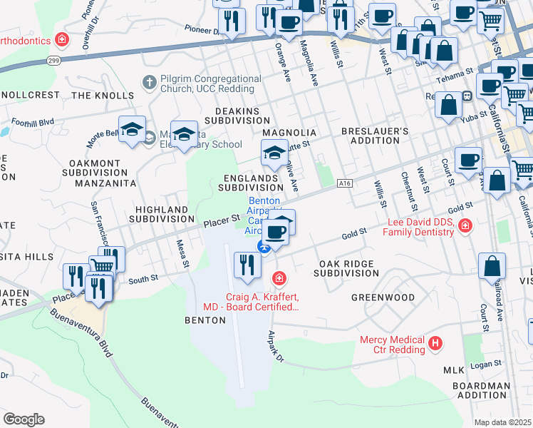 map of restaurants, bars, coffee shops, grocery stores, and more near 2529 Placer Street in Redding