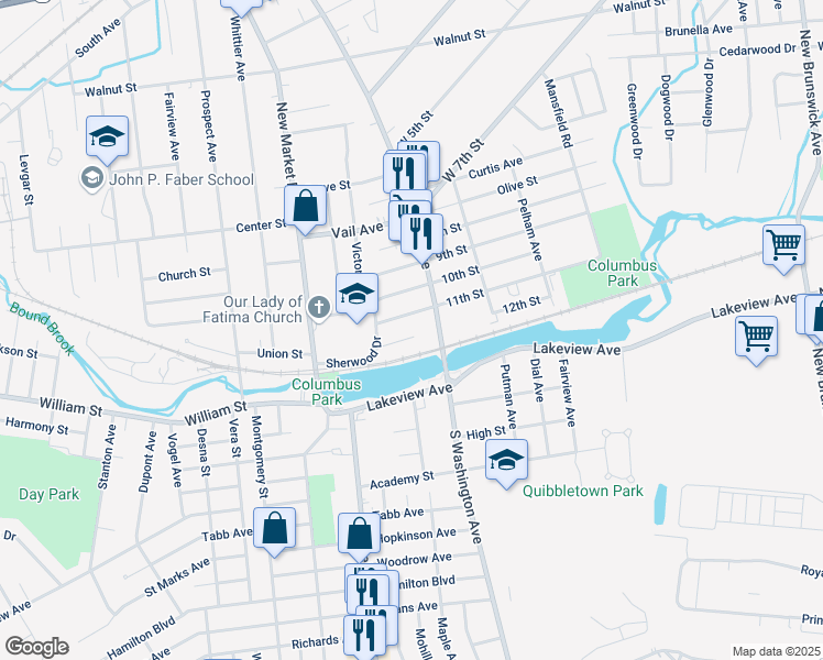 map of restaurants, bars, coffee shops, grocery stores, and more near 72 12th Street in Piscataway
