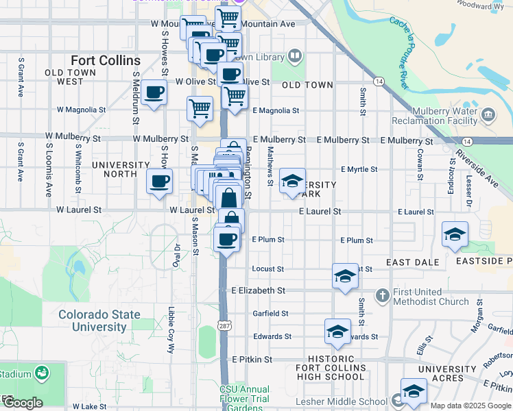 map of restaurants, bars, coffee shops, grocery stores, and more near 200 East Laurel Street in Fort Collins