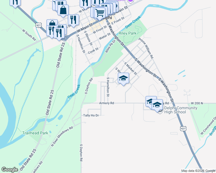 map of restaurants, bars, coffee shops, grocery stores, and more near 959 South Hamilton Street in Delphi