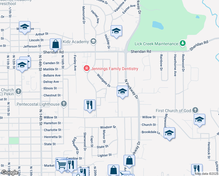 map of restaurants, bars, coffee shops, grocery stores, and more near 2028 Westgate Drive in Pekin