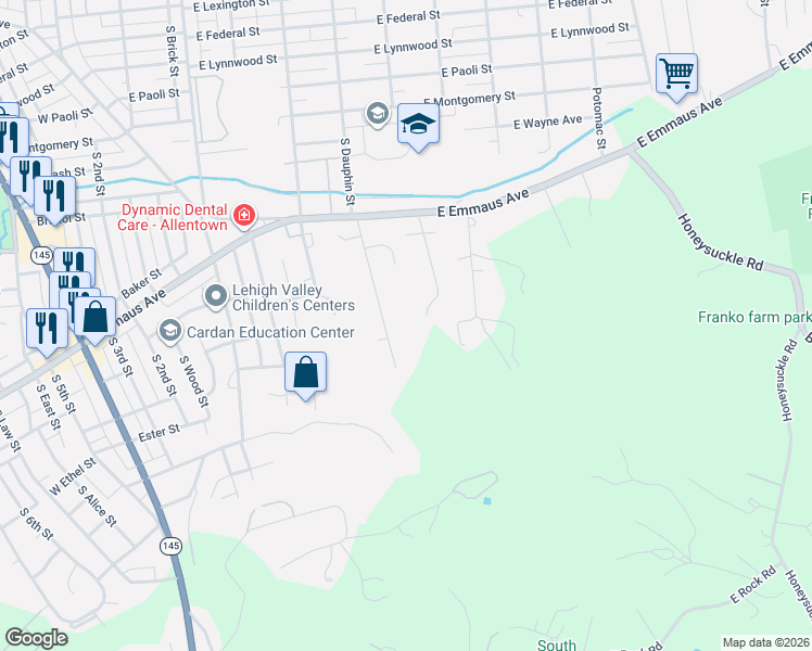 map of restaurants, bars, coffee shops, grocery stores, and more near 2405 South Dauphin Street in Allentown