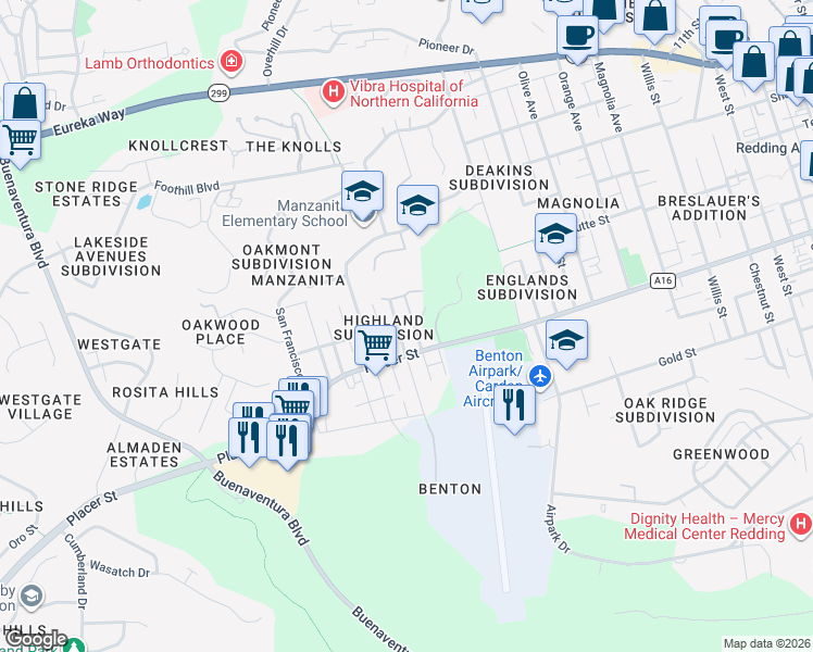 map of restaurants, bars, coffee shops, grocery stores, and more near 1605 Mesa Street in Redding