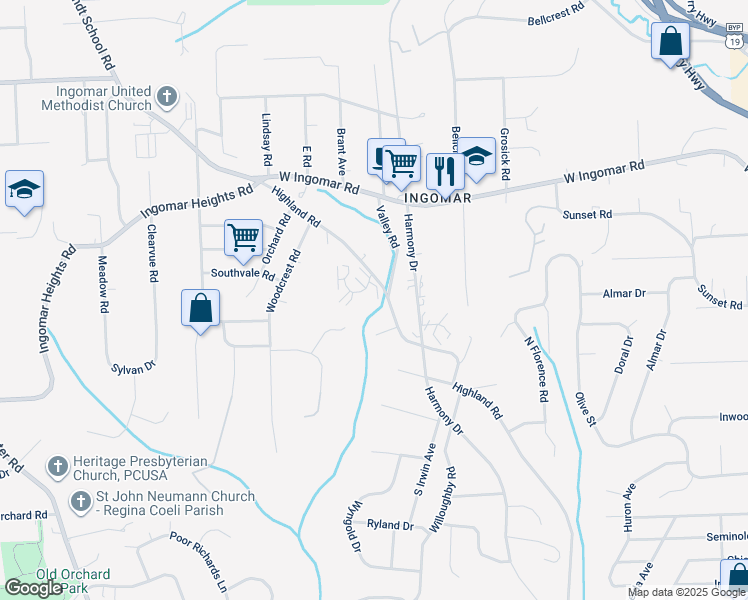 map of restaurants, bars, coffee shops, grocery stores, and more near 108 Olde Ingomar Court in Pittsburgh