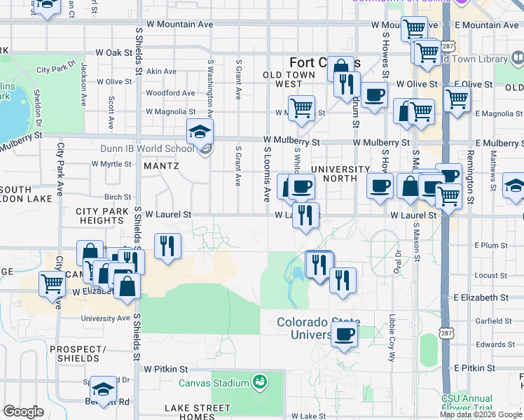 map of restaurants, bars, coffee shops, grocery stores, and more near 712 West Laurel Street in Fort Collins