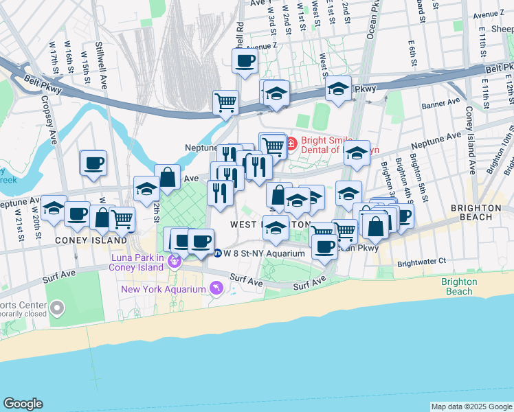map of restaurants, bars, coffee shops, grocery stores, and more near 2940 Marsha Rapaport Way in Brooklyn
