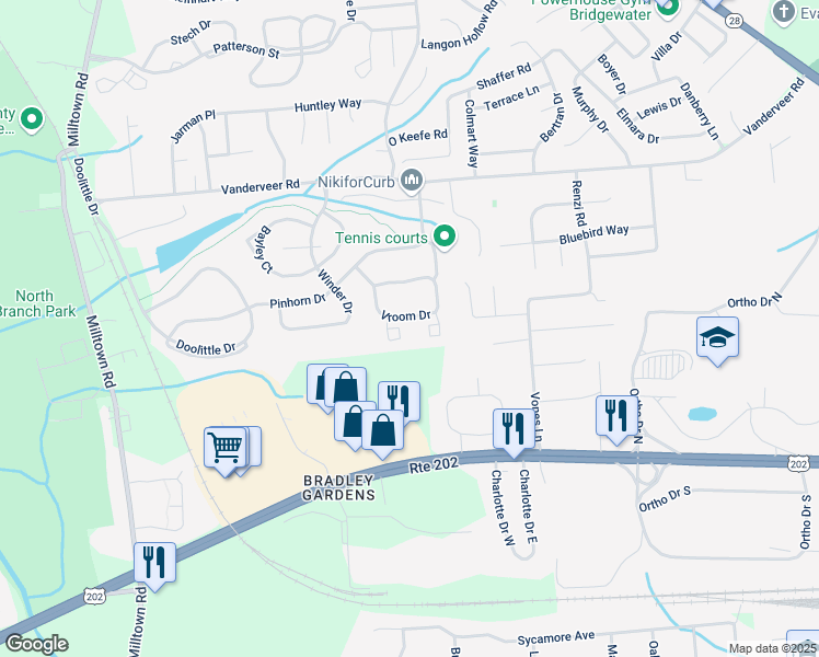 map of restaurants, bars, coffee shops, grocery stores, and more near 3303 Robinson Court in Bridgewater
