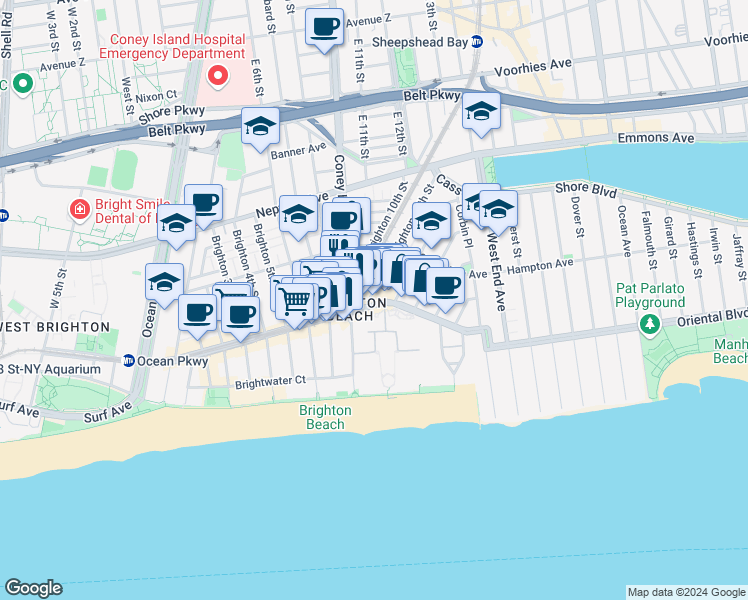map of restaurants, bars, coffee shops, grocery stores, and more near 1027 Brighton Beach Avenue in Brooklyn