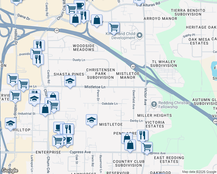 map of restaurants, bars, coffee shops, grocery stores, and more near 2600 Shady Lane in Redding