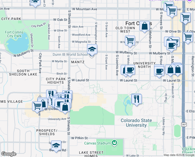 map of restaurants, bars, coffee shops, grocery stores, and more near in Fort Collins